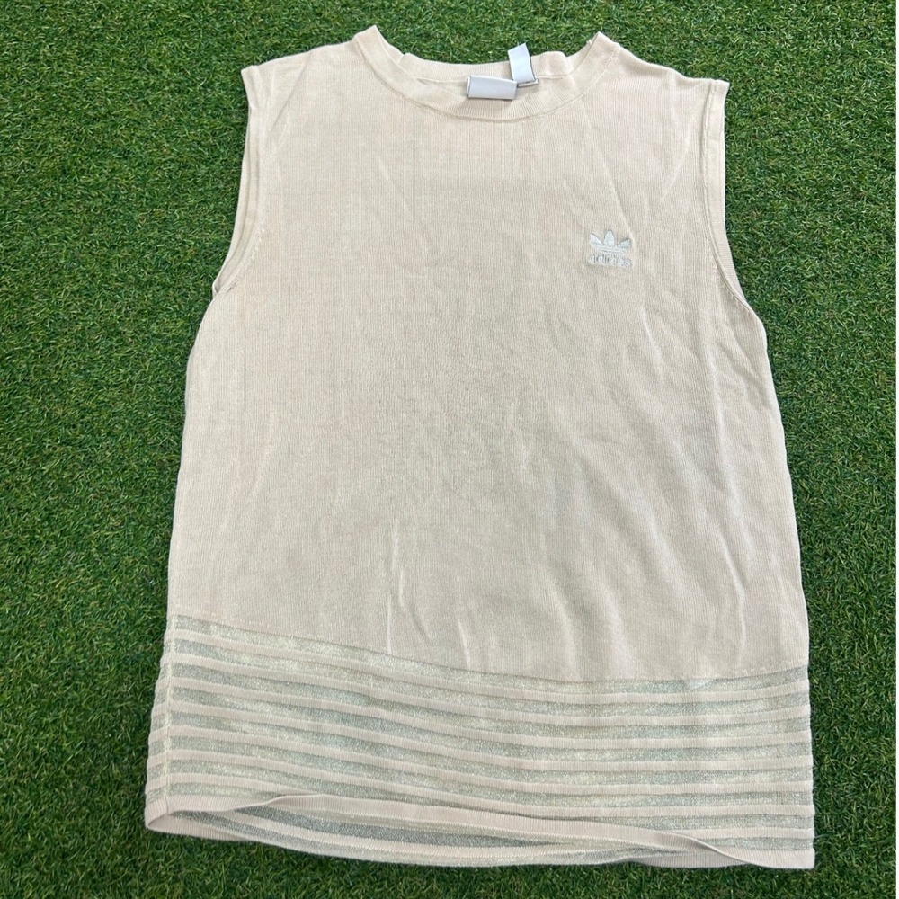 Adidas Originals Womens Beige Knit Sleeveless Trefoil Top Metallic Stripes XS